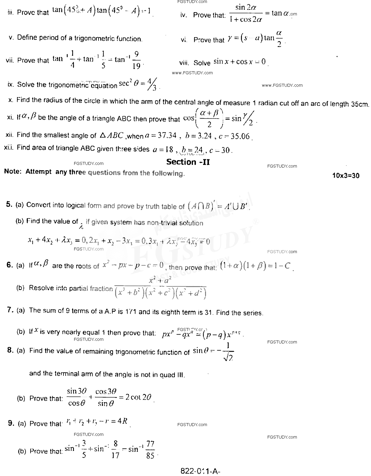 11th Class Mathematics Past Paper 2018 Rawalpindi Board Subjective