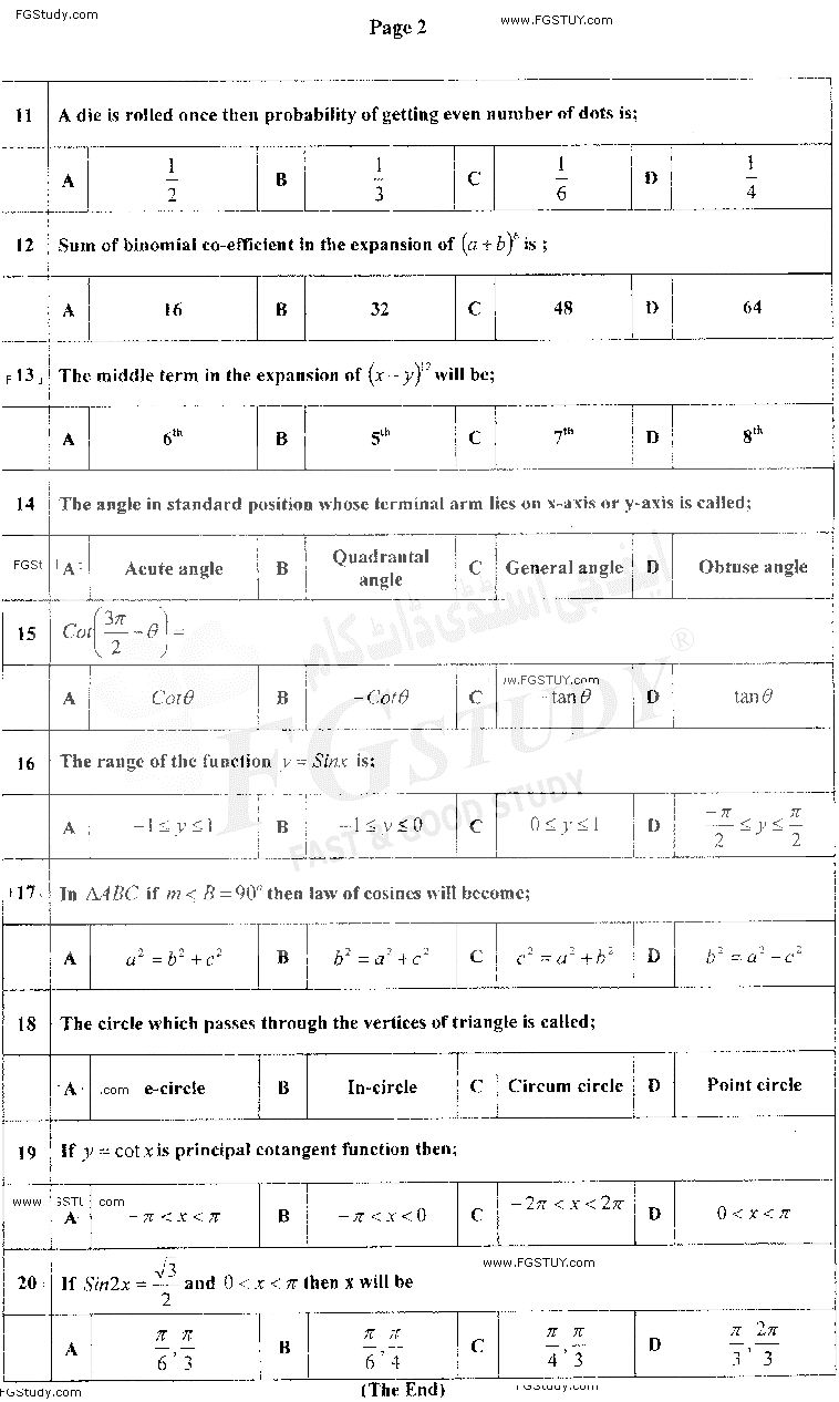 11th Class Mathematics Past Paper 2019 Ajk Board Objective