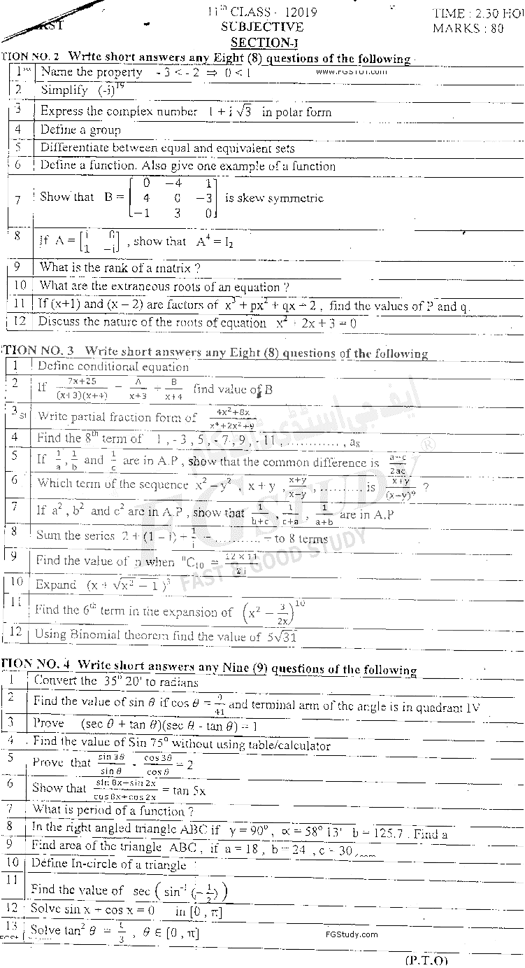 11th Class Mathematics Past Paper 2019 Dg Khan Board Group 1 Subjective