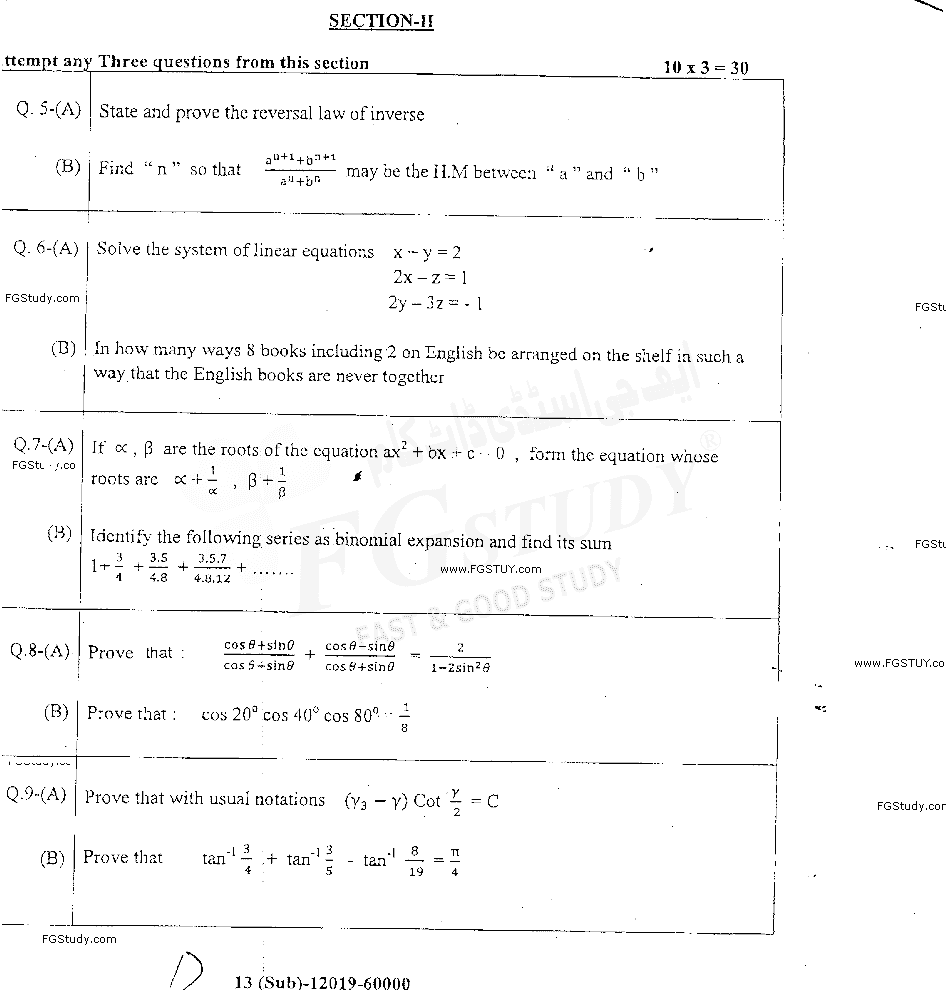 11th Class Mathematics Past Paper 2019 Dg Khan Board Group 1 Subjective