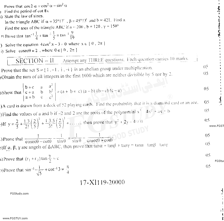 11th Class Mathematics Past Paper 2019 Faisalabad Board Group 1 Subjective