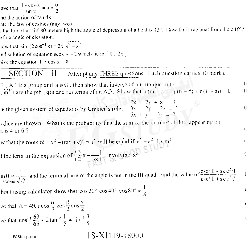 11th Class Mathematics Past Paper 2019 Faisalabad Board Group 2 Subjective