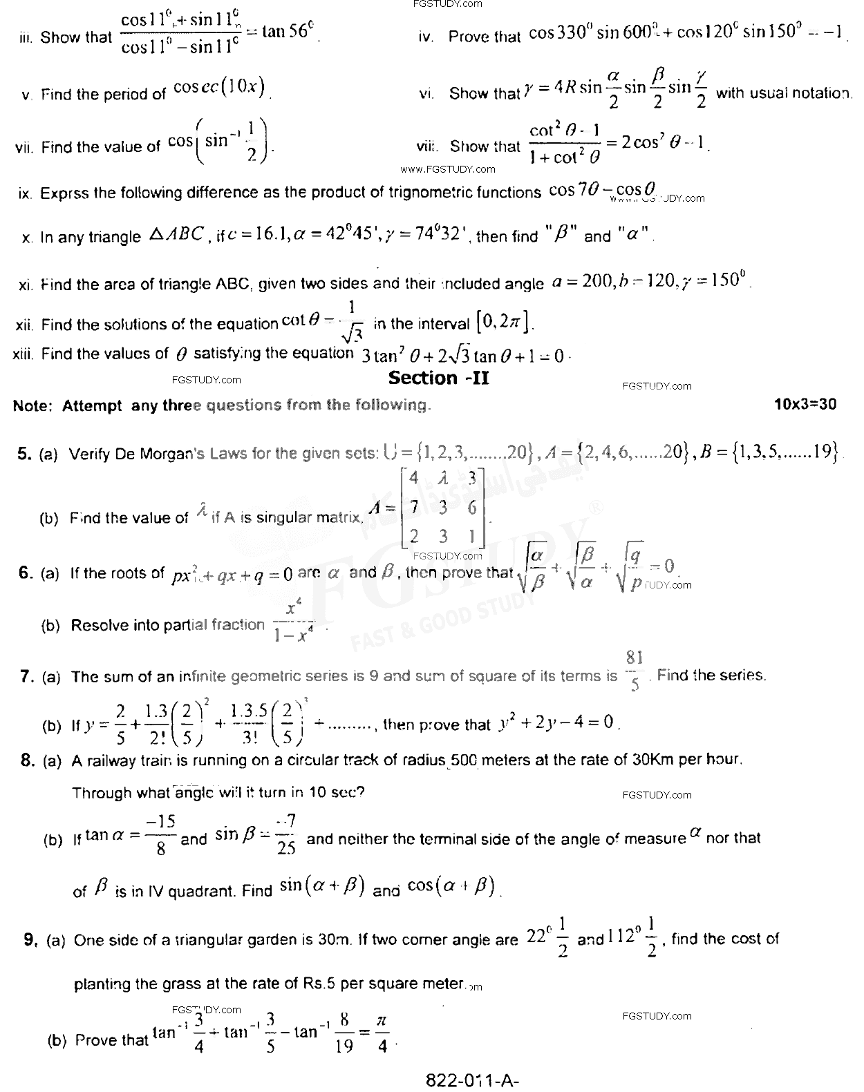 11th Class Mathematics Past Paper 2019 Rawalpindi Board Subjective