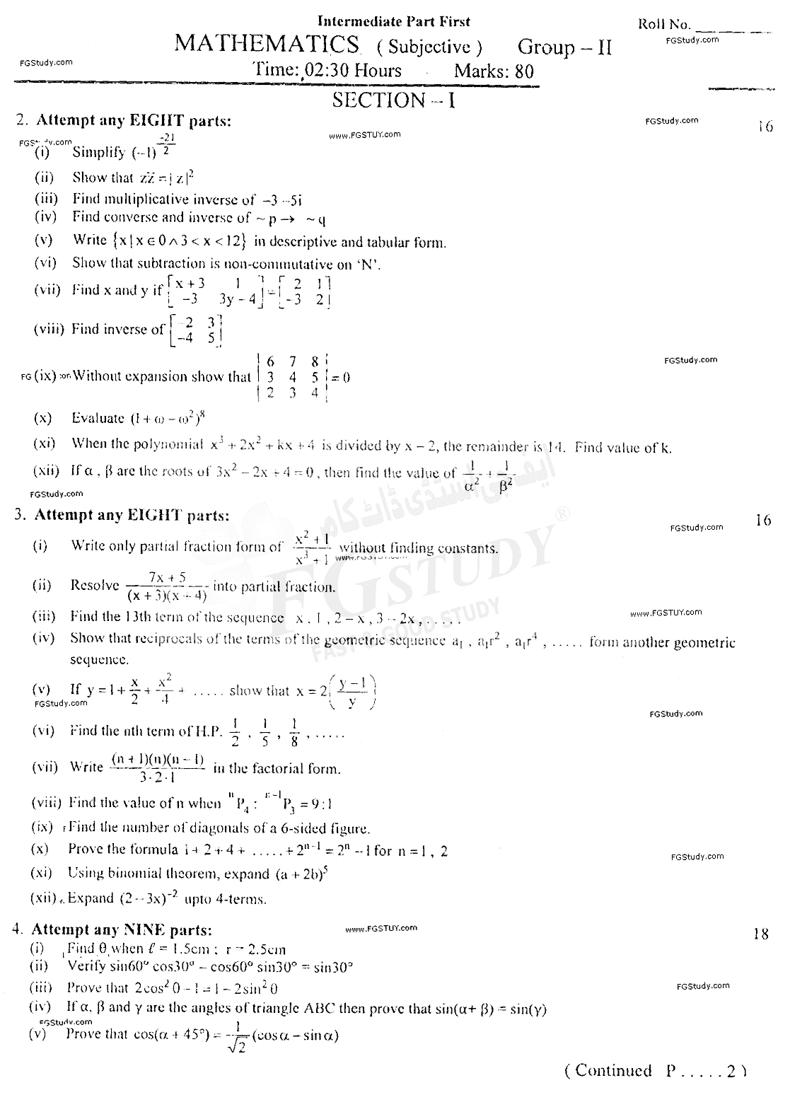 11th Class Mathematics Past Paper 2021 Faisalabad Board Group 2 Subjective