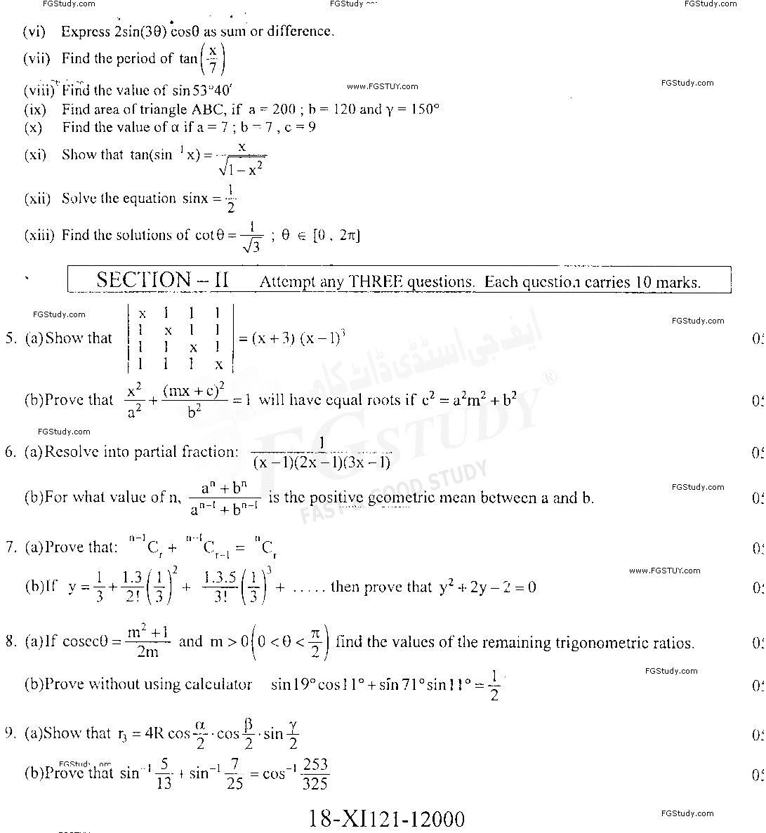 11th Class Mathematics Past Paper 2021 Faisalabad Board Group 2 Subjective