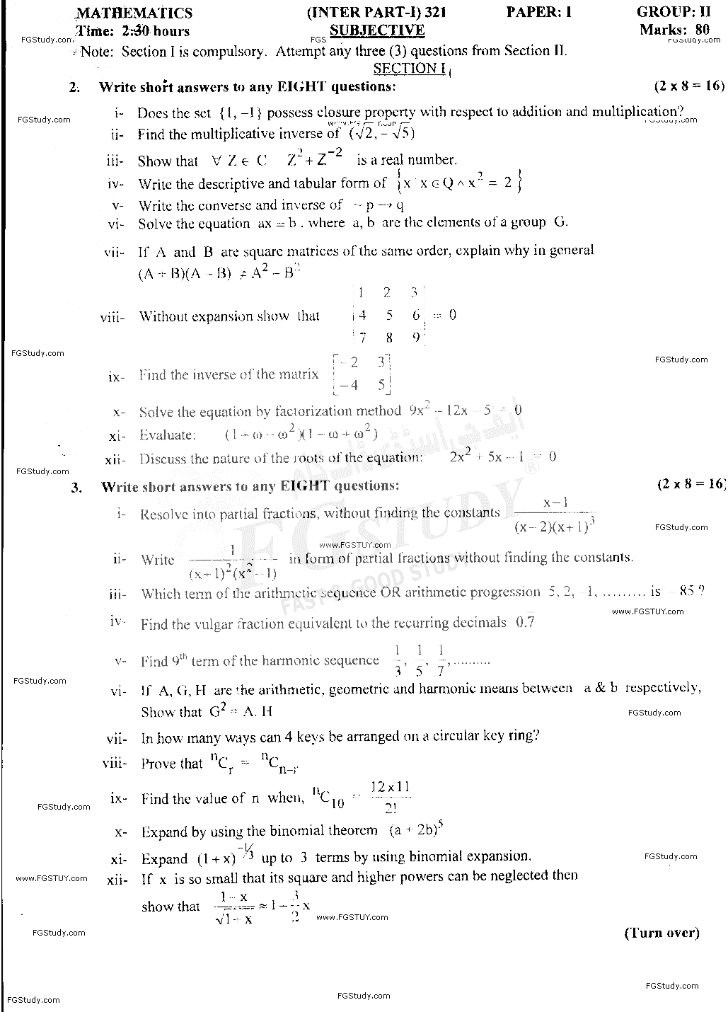 11th Class Mathematics Past Paper 2021 Gujranwala Board Group 2 Subjective