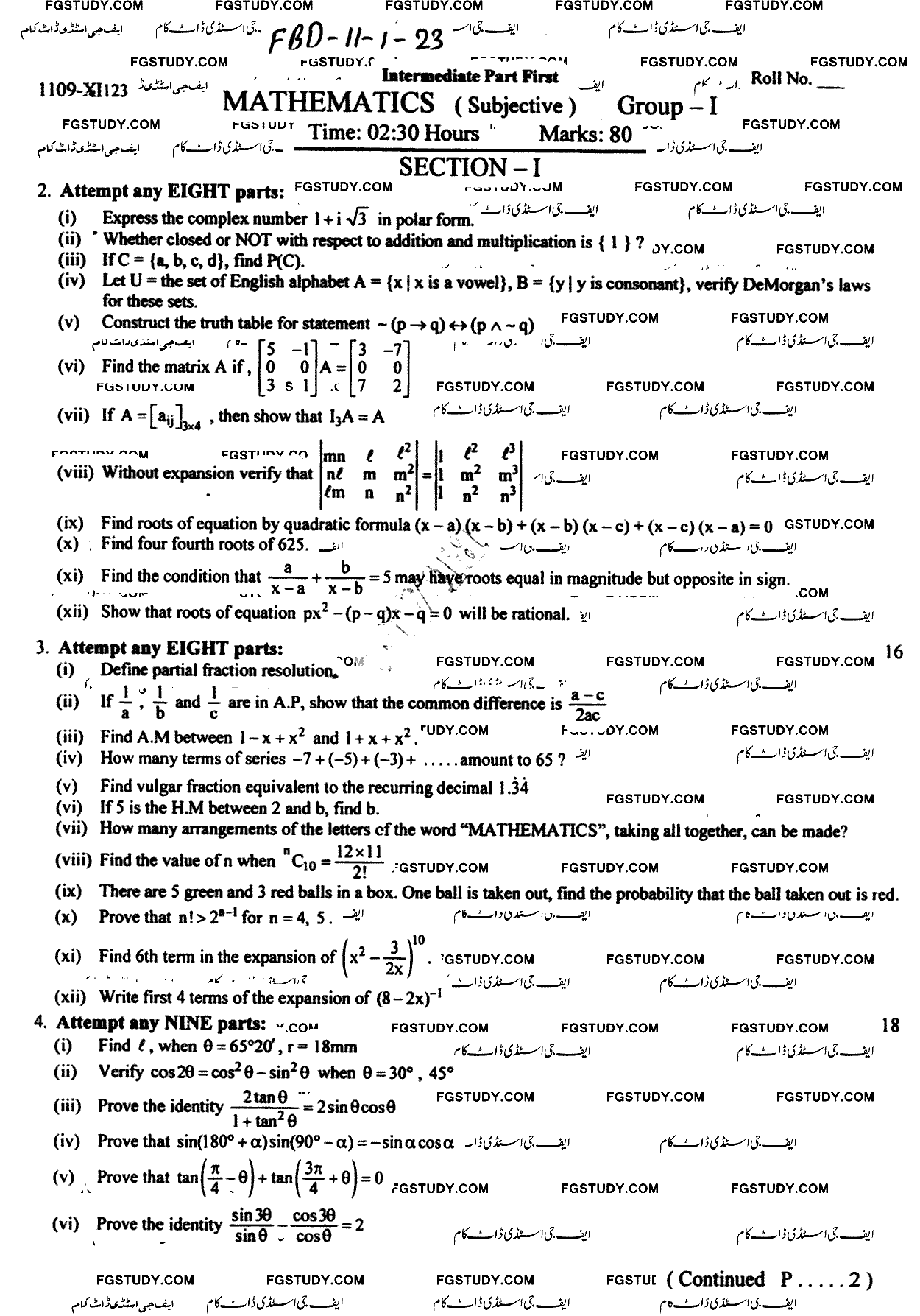 11th Class Mathematics Past Paper 2023 Faisalabad Board Group 1 Subjective