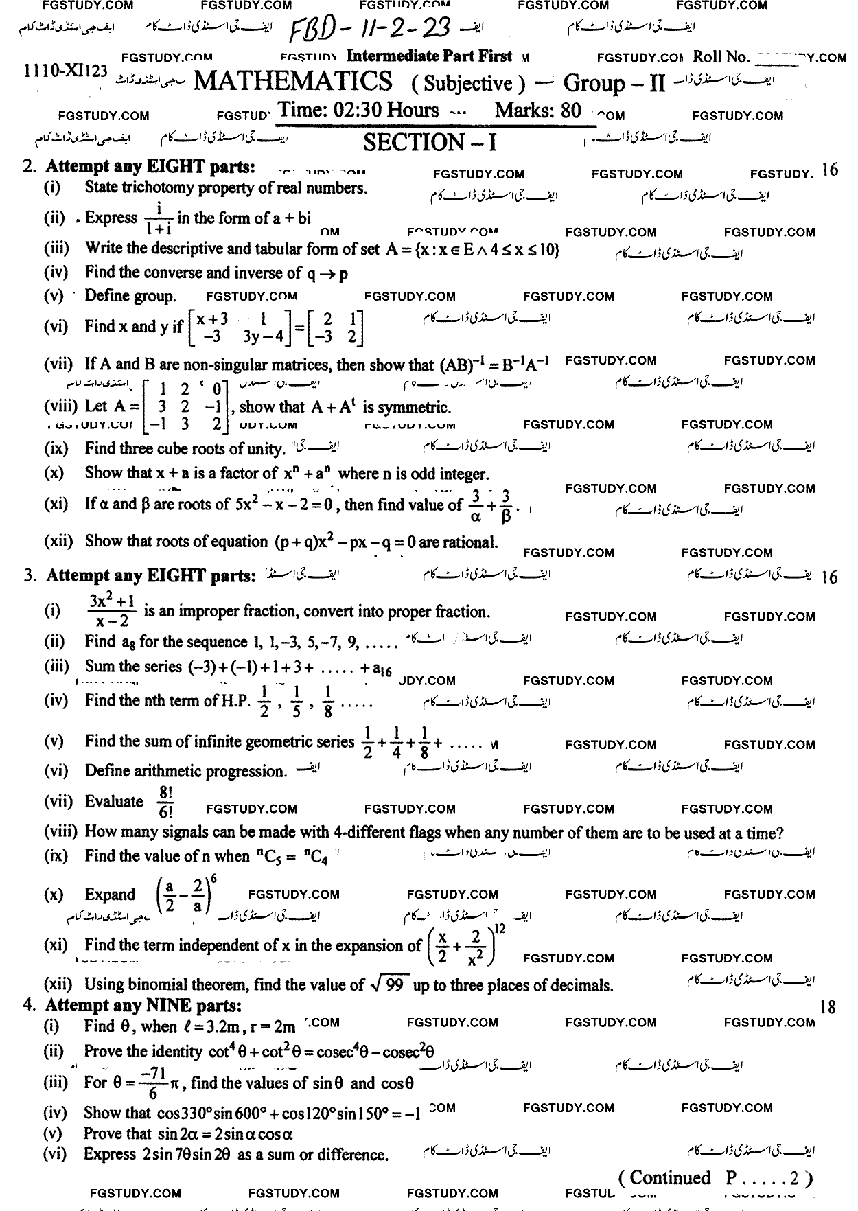 11th Class Mathematics Past Paper 2023 Faisalabad Board Group 2 Subjective