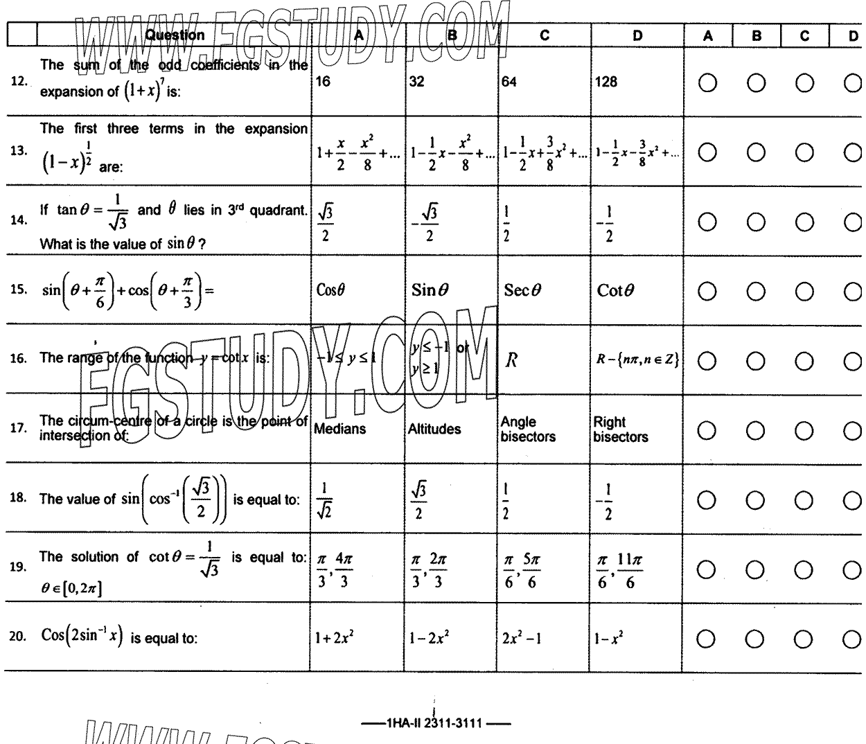 11th Class Mathematics Past Paper 2023 Federal Board Islamabad Objective