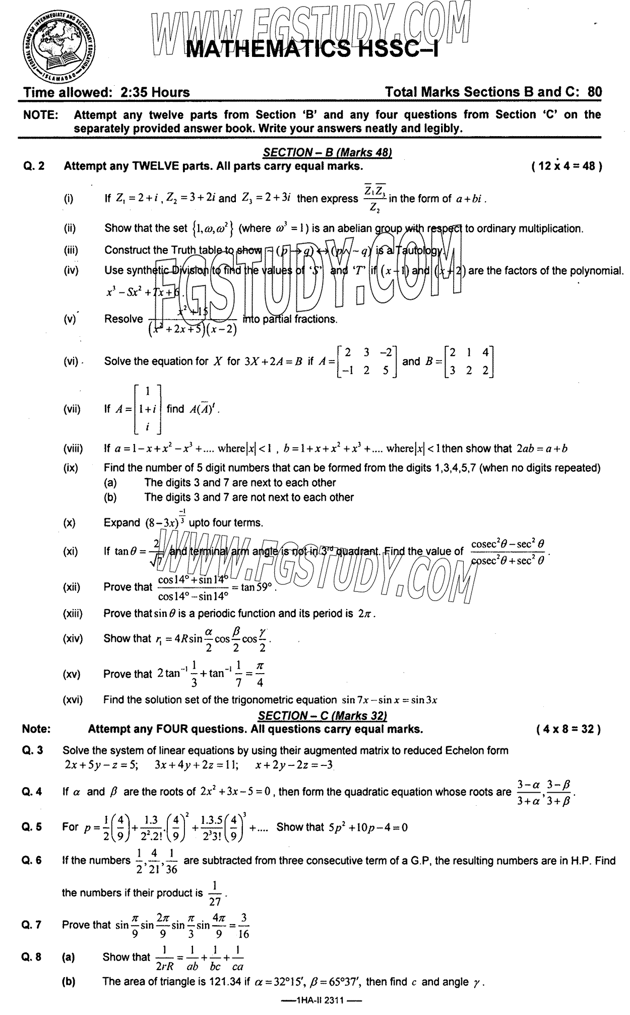 11th Class Mathematics Past Paper 2023 Federal Board Islamabad Subjective