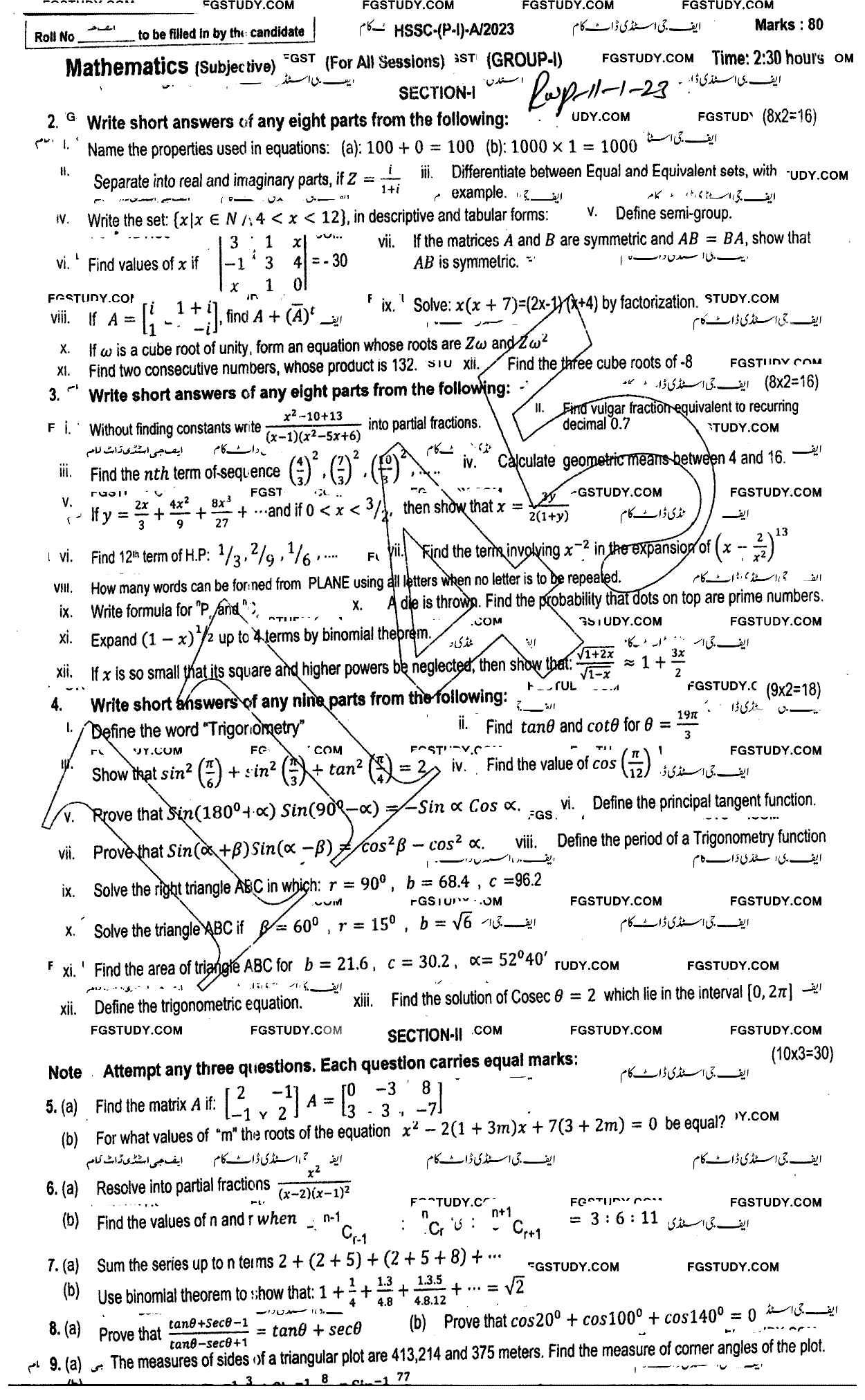 11th Class Mathematics Past Paper 2023 Rawalpindi Board Group 1 Subjective