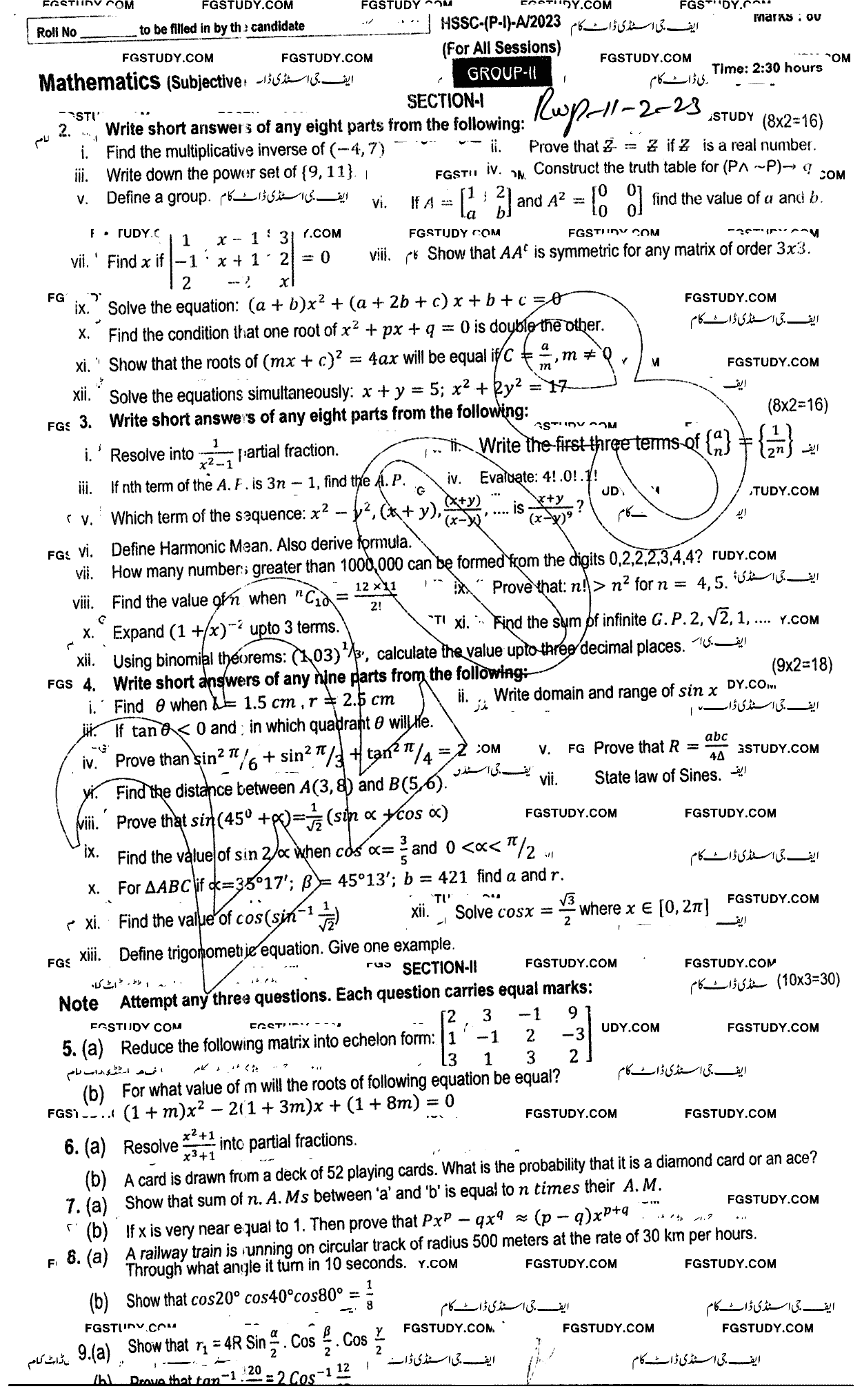 11th Class Mathematics Past Paper 2023 Rawalpindi Board Group 2 Subjective
