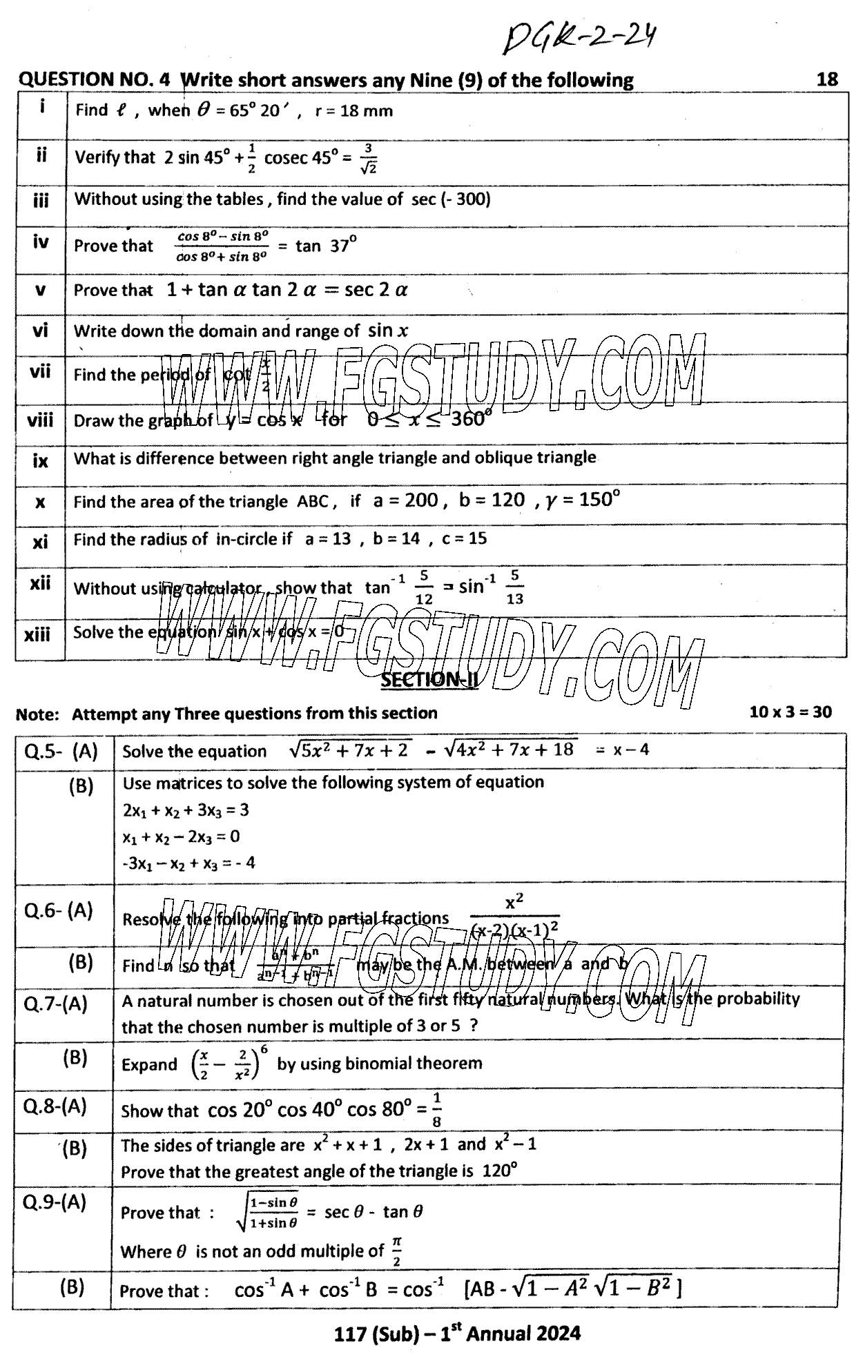 11th Class Mathematics Past Paper 2024 Dg Khan Board Group 2 Subjective