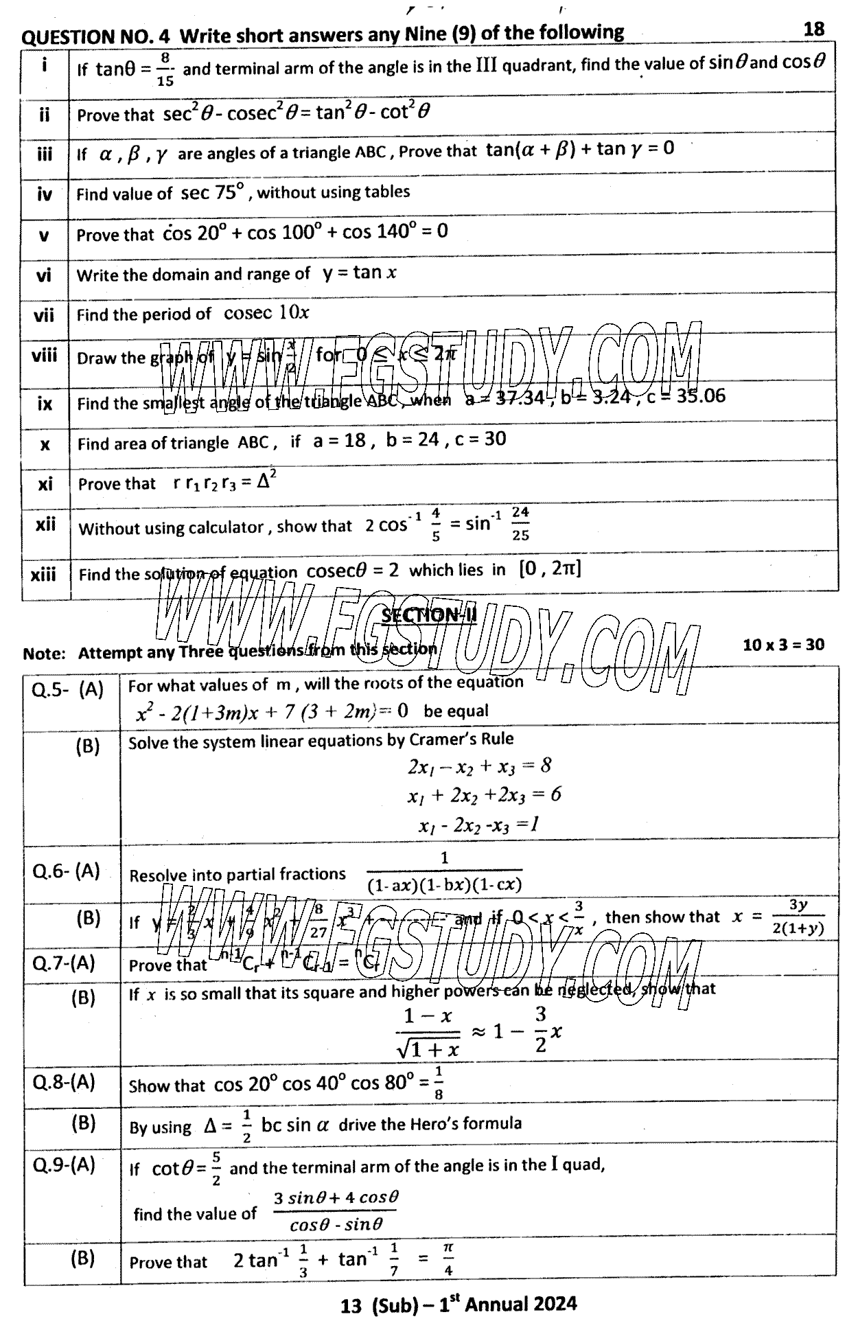 11th Class Mathematics Past Paper 2024 Dg Khan Board Subjective