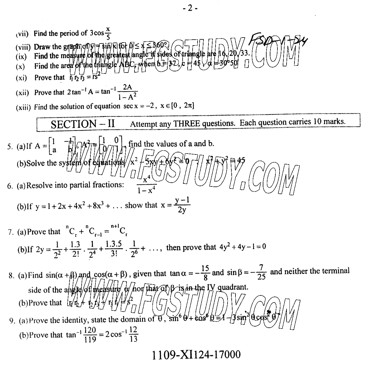 11th Class Mathematics Past Paper 2024 Faisalabad Board Group 1 Subjective