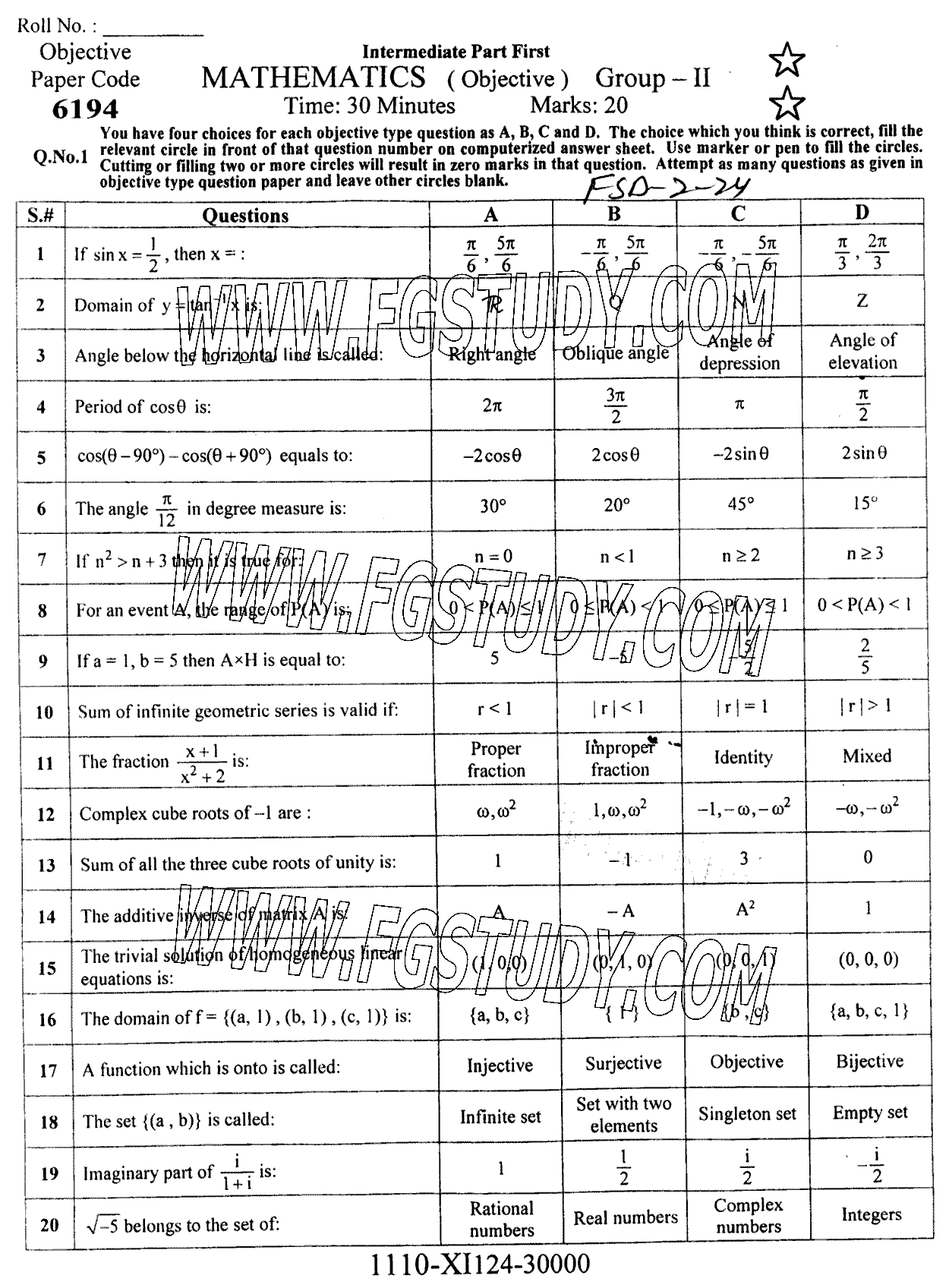 11th Class Mathematics Past Paper 2024 Faisalabad Board Group 2 Objective