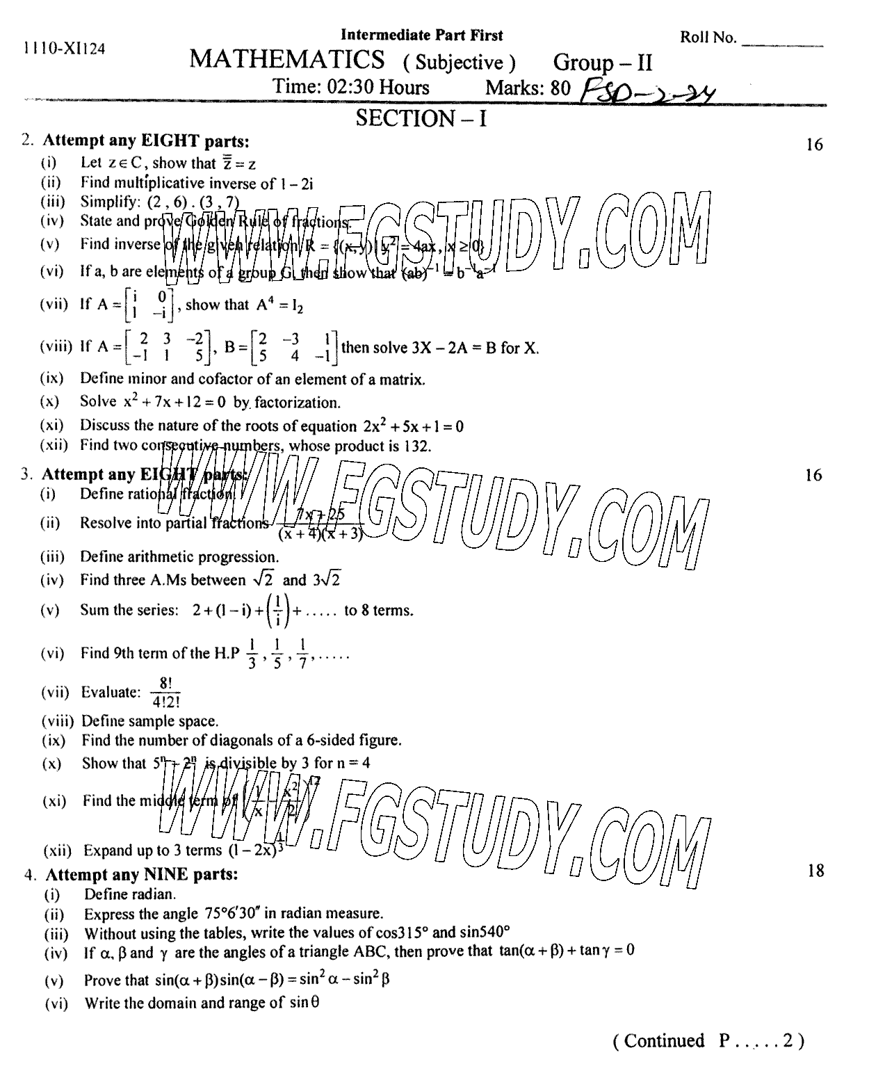 11th Class Mathematics Past Paper 2024 Faisalabad Board Group 2 Subjective