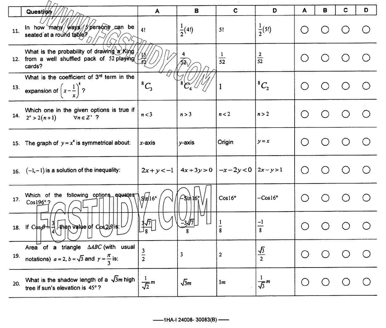 11th Class Mathematics Past Paper 2024 Federal Board Islamabad Group 1 Objective
