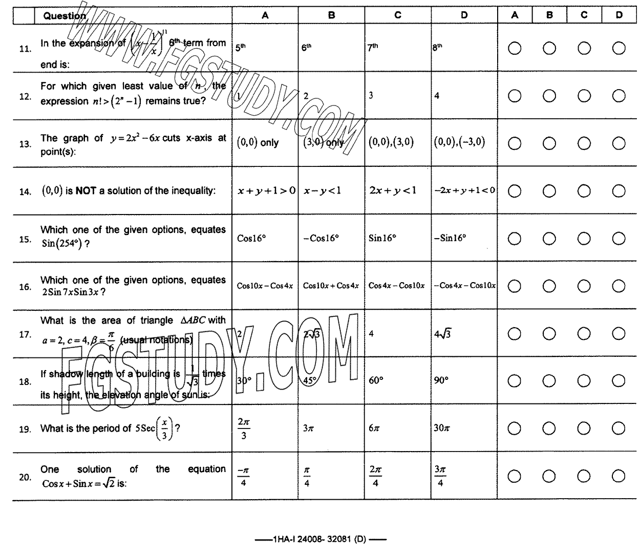 11th Class Mathematics Past Paper 2024 Federal Board Islamabad Group 2 Objective