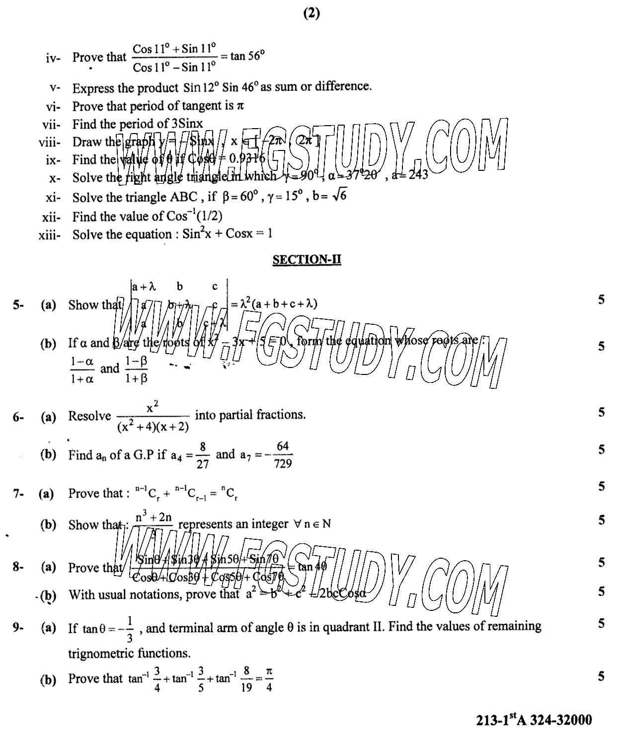 11th Class Mathematics Past Paper 2024 Gujranwala Board Group 1 Subjective