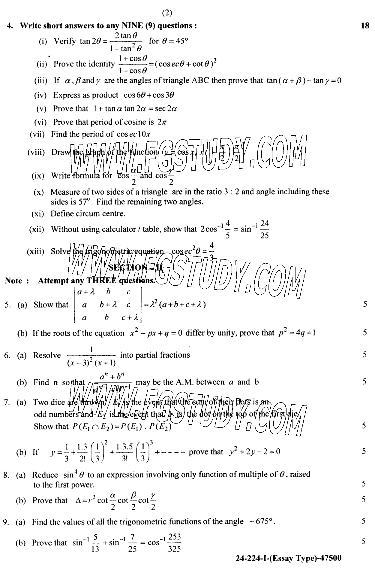 11th Class Mathematics Past Paper 2024 Lahore Board Group 1 Subjective