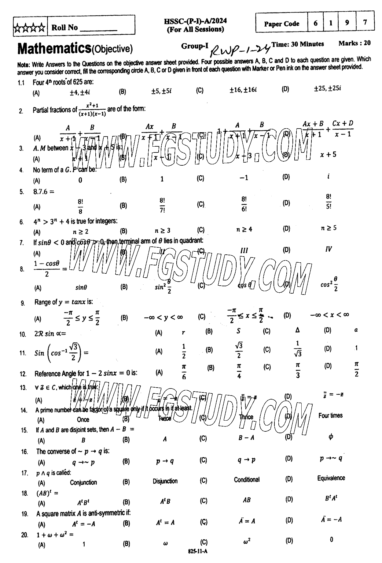 11th Class Mathematics Past Paper 2024 Rawalpindi Board Group 1 Objective