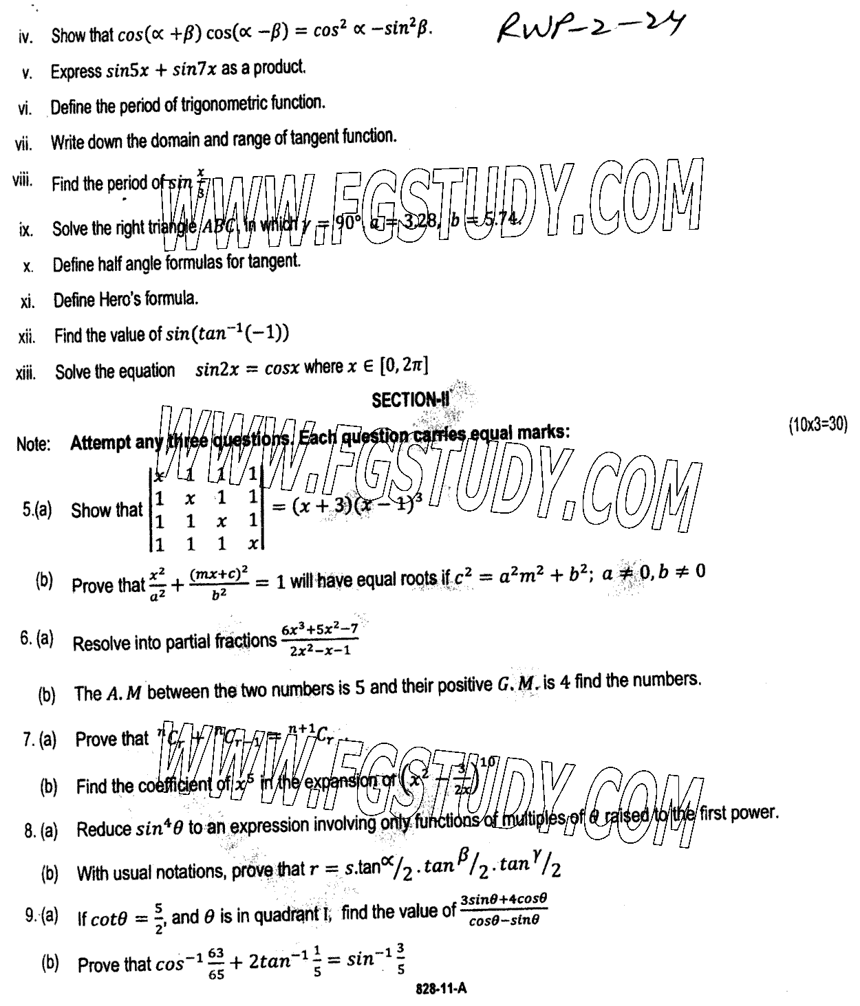 11th Class Mathematics Past Paper 2024 Rawalpindi Board Group 2 Subjective