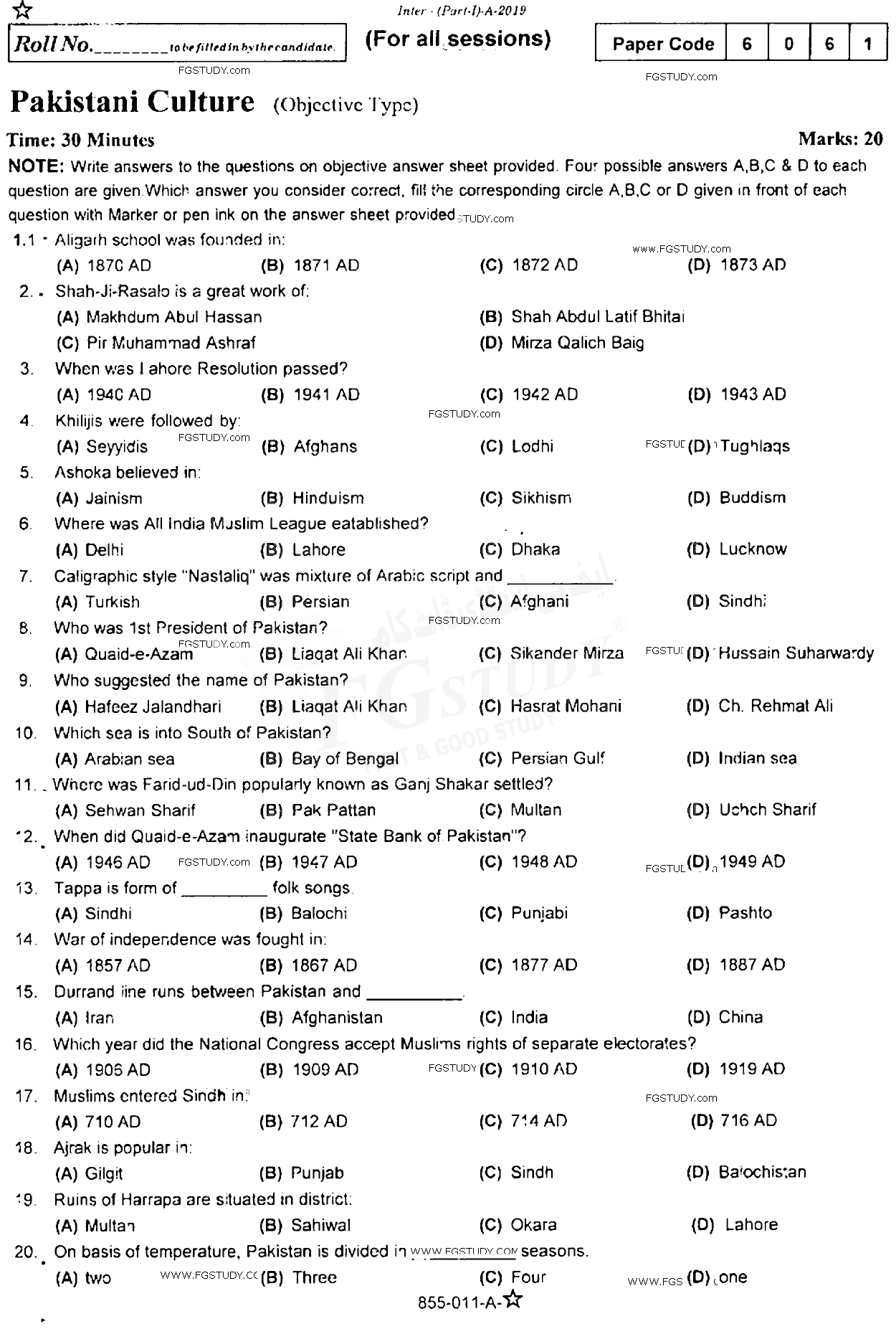 11th Class Pakistani Culture Past Paper 2019 Rawalpindi Board Objective