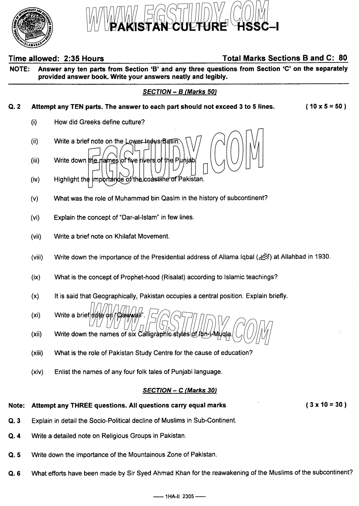 11th Class Pakistani Culture Past Paper 2023 Federal Board Islamabad Subjective