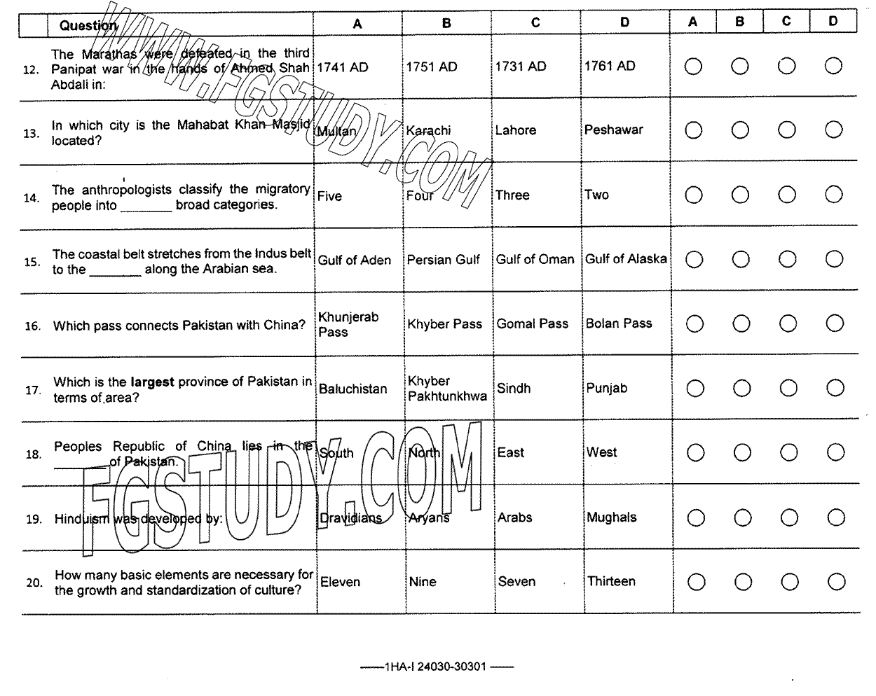 11th Class Pakistani Culture Past Paper 2024 Federal Board Islamabad Objective