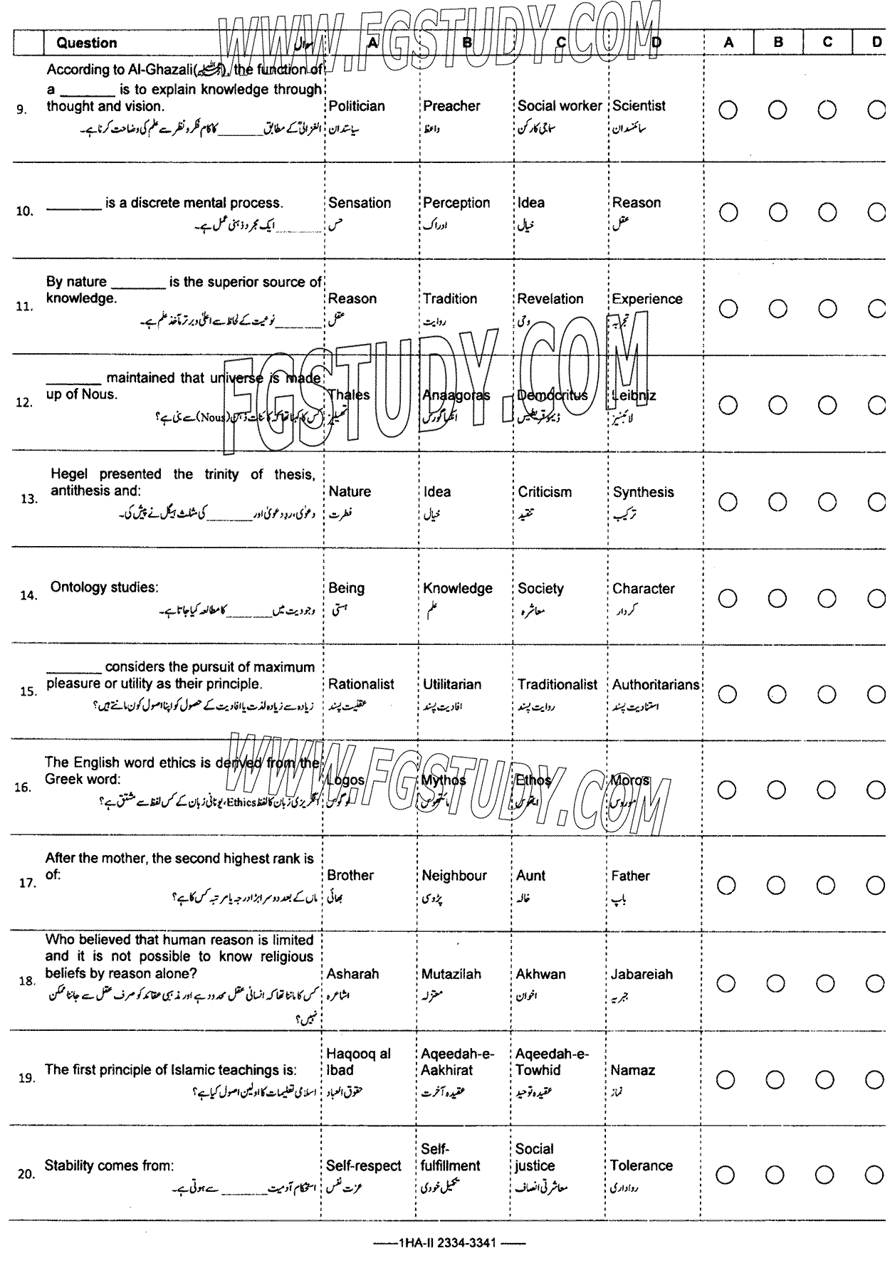 11th Class Philosophy Past Paper 2023 Federal Board Islamabad Objective