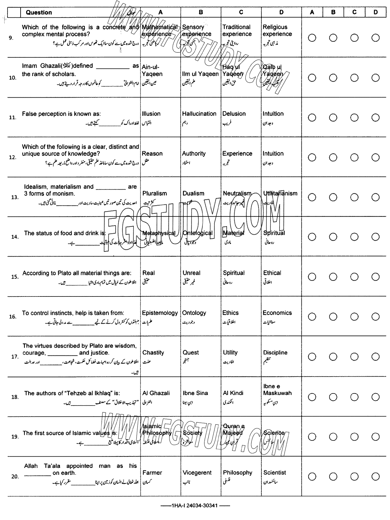 11th Class Philosophy Past Paper 2024 Federal Board Islamabad Objective