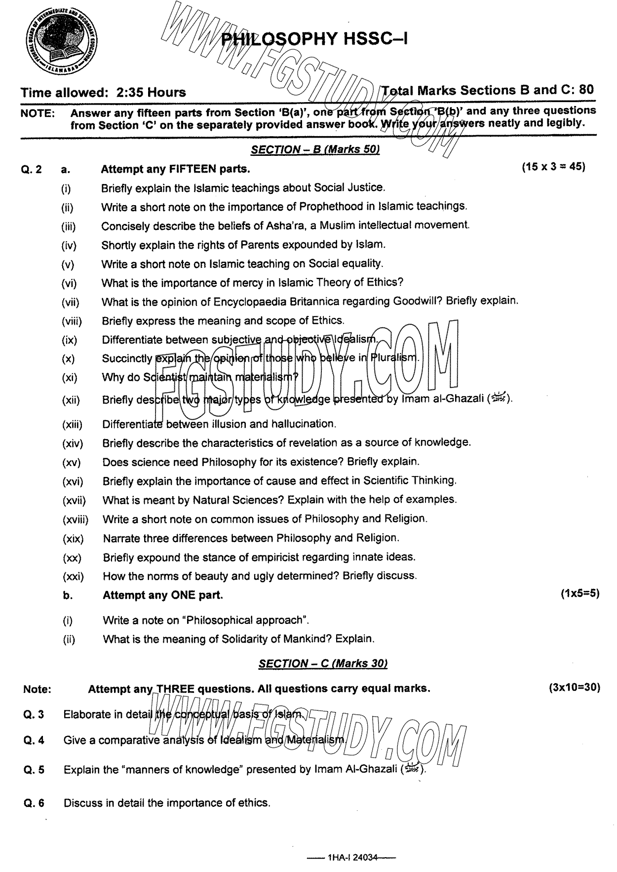 11th Class Philosophy Past Paper 2024 Federal Board Islamabad Subjective
