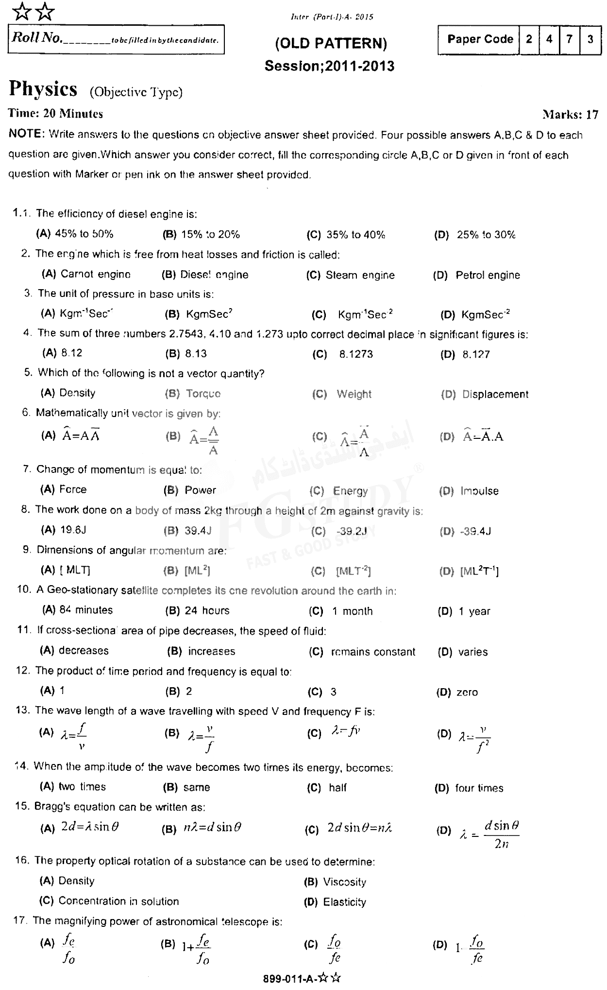 11th Class Physics Past Paper 2015 Rawalpindi Board Objective