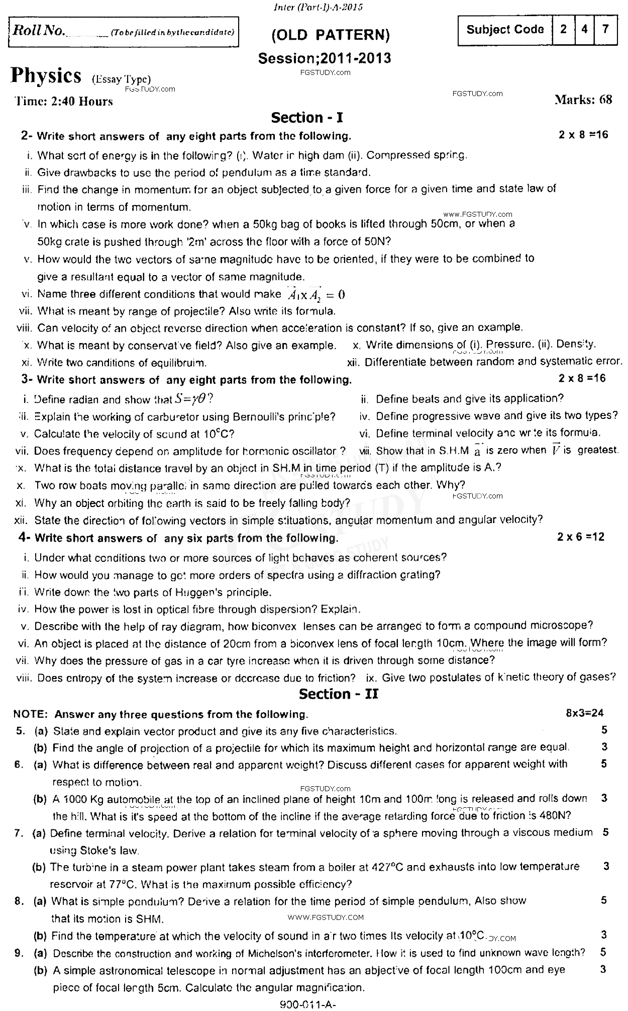 11th Class Physics Past Paper 2015 Rawalpindi Board Subjective