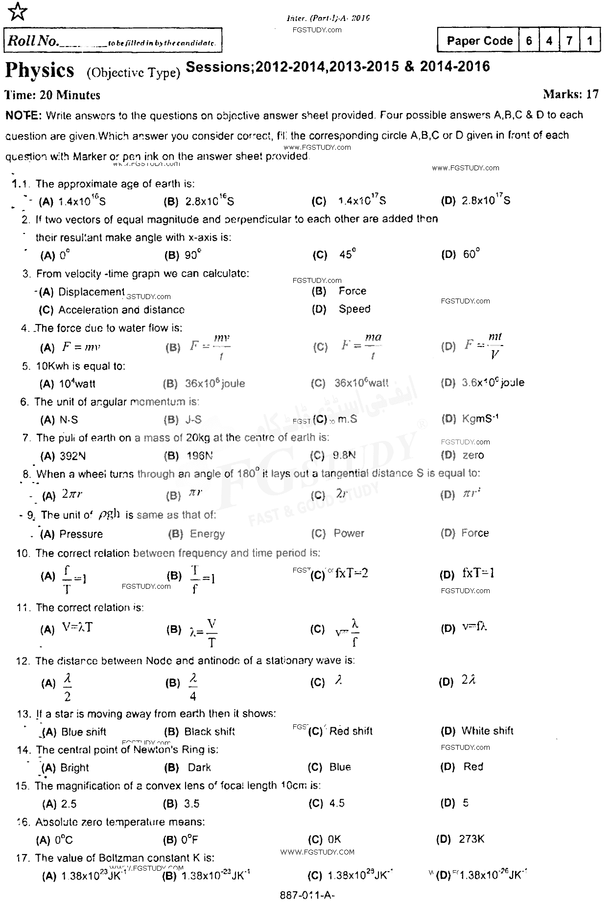 11th Class Physics Past Paper 2016 Rawalpindi Board Objective