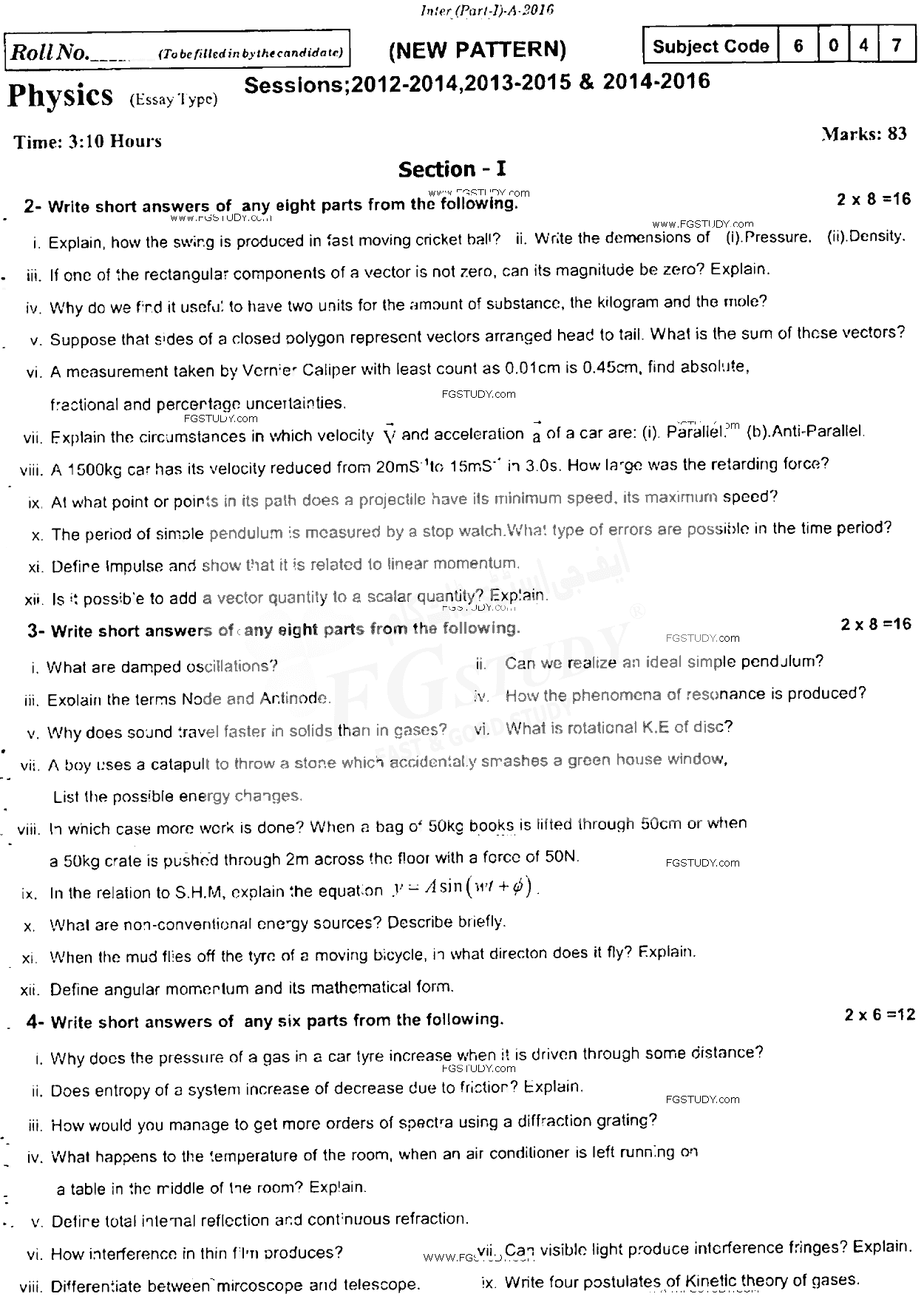 11th Class Physics Past Paper 2016 Rawalpindi Board Subjective