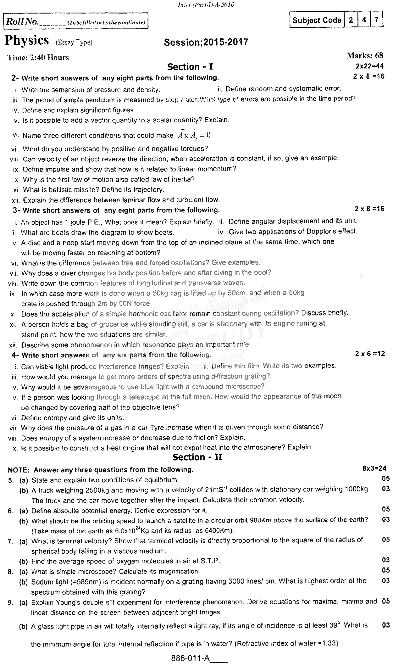 11th Class Physics Past Paper 2016 Rawalpindi Board Subjective