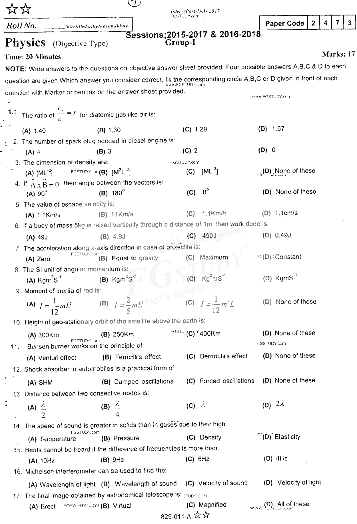 11th Class Physics Past Paper 2017 Rawalpindi Board Group 1 Objective
