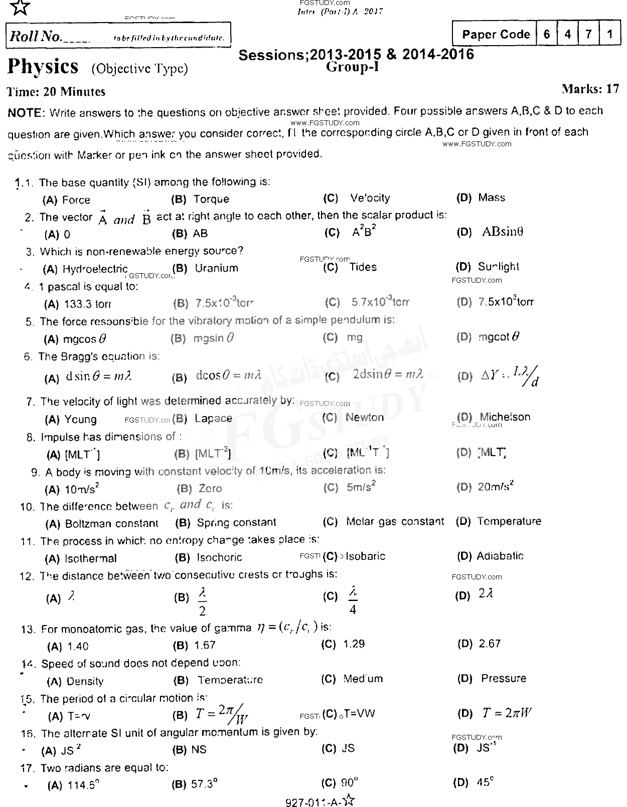 11th Class Physics Past Paper 2017 Rawalpindi Board Group 1 Objective