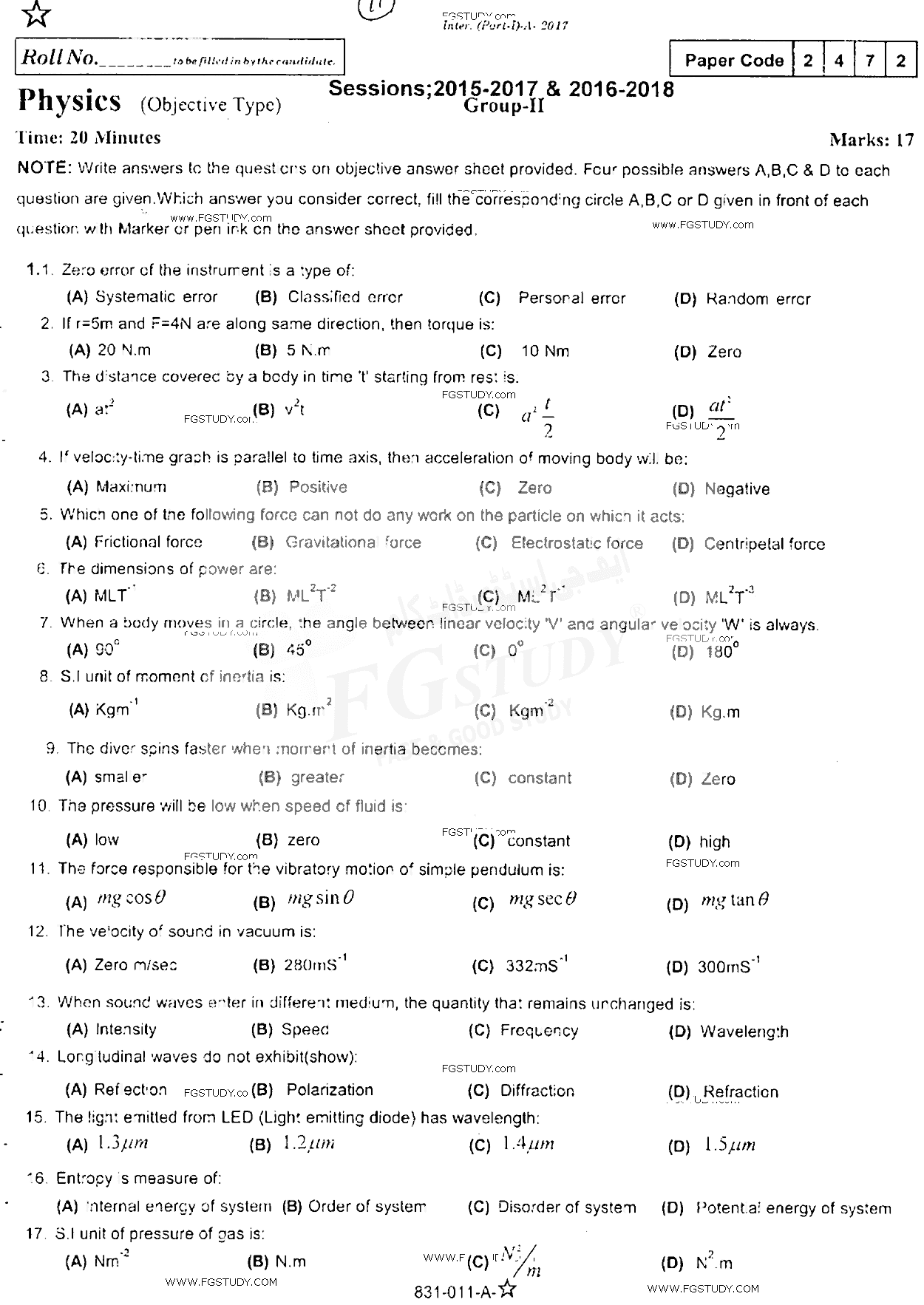11th Class Physics Past Paper 2017 Rawalpindi Board Group 2 Objective