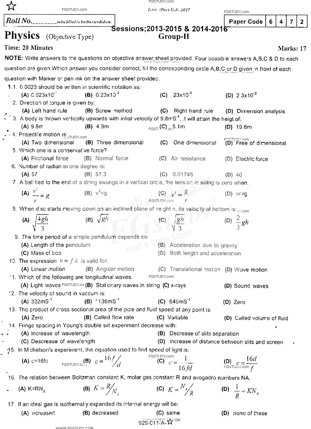11th Class Physics Past Paper 2017 Rawalpindi Board Group 2 Objective