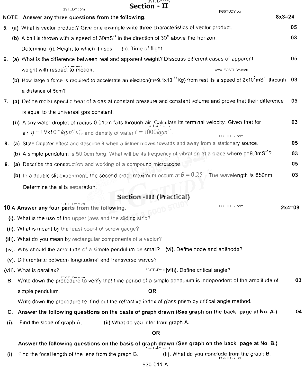 11th Class Physics Past Paper 2017 Rawalpindi Board Group 2 Subjective