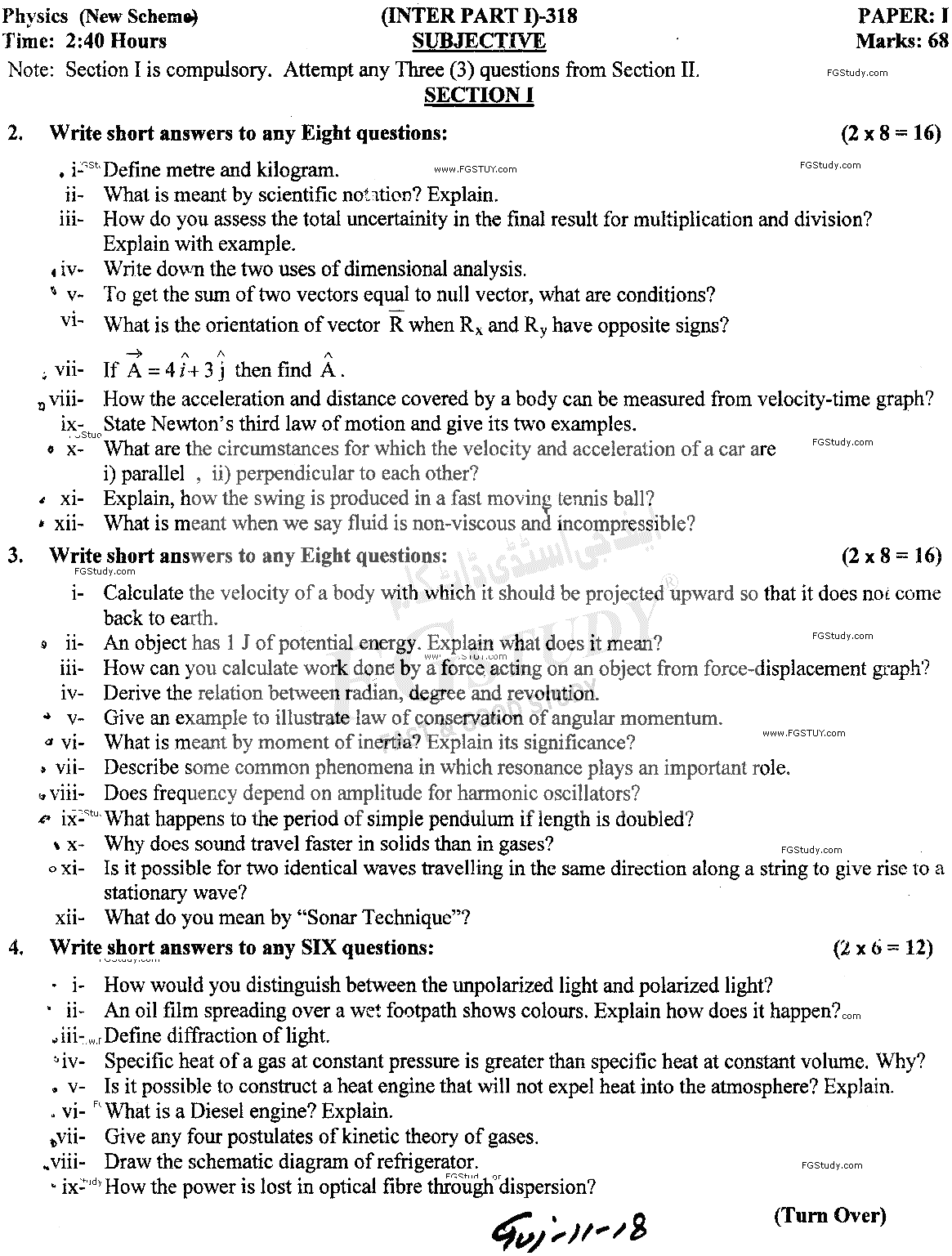 11th Class Physics Past Paper 2018 Gujranwala Board Subjective