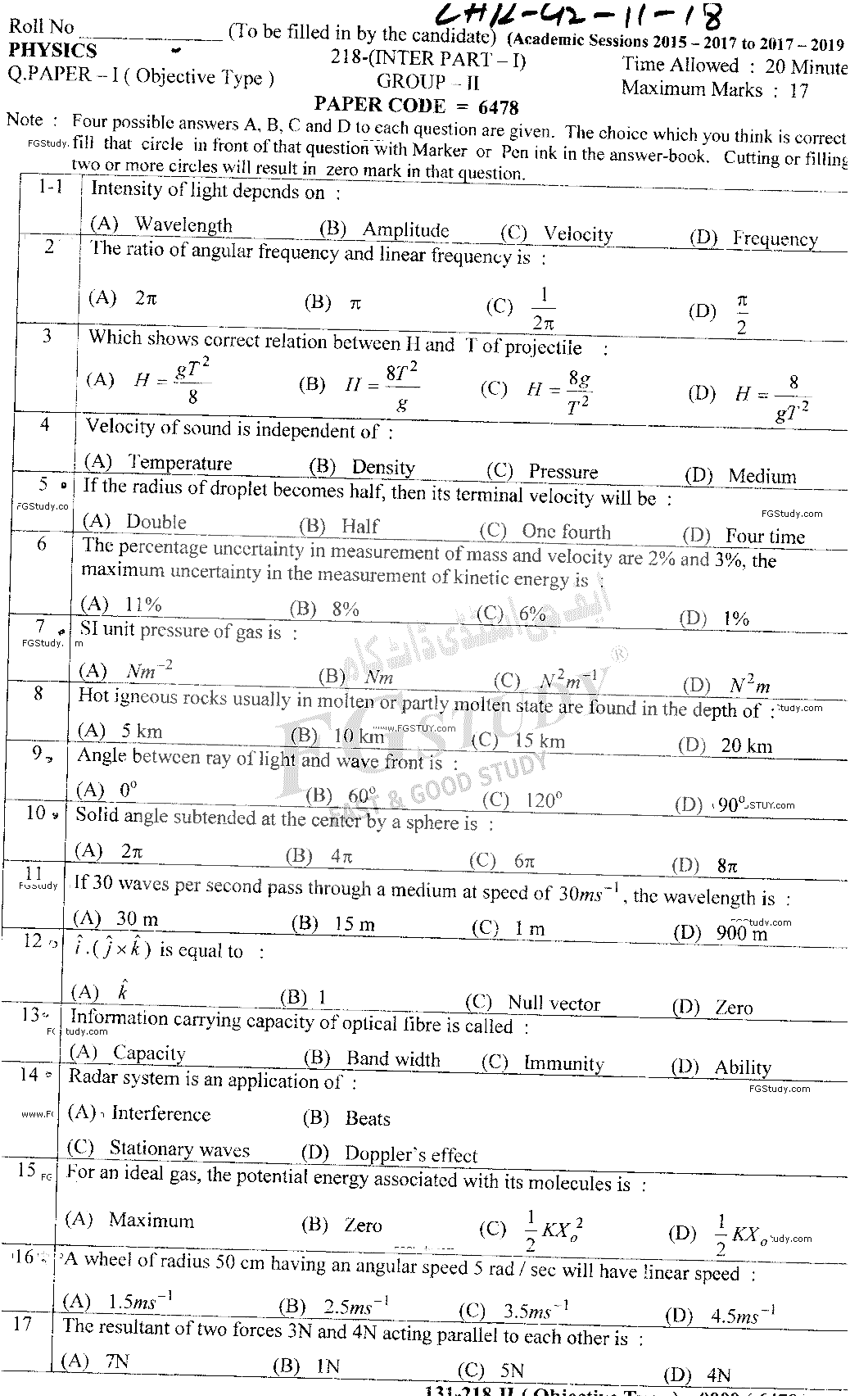 11th Class Physics Past Paper 2018 Lahore Board Group 2 Objective