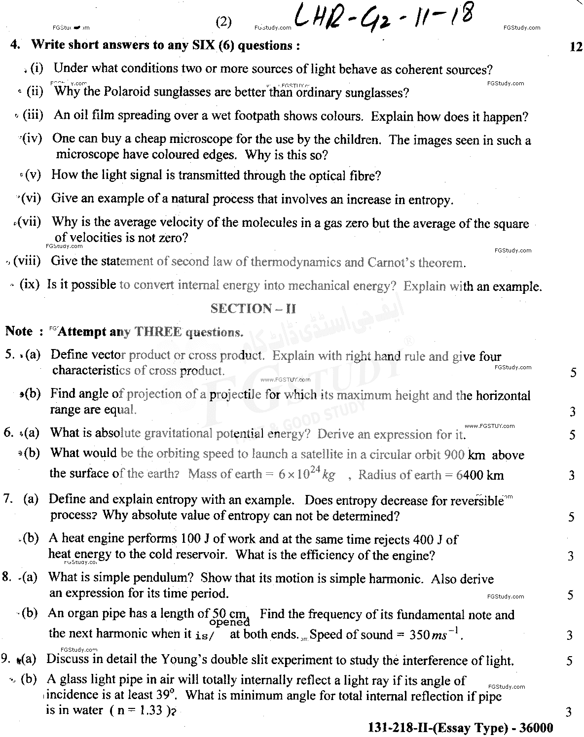 11th Class Physics Past Paper 2018 Lahore Board Group 2 Subjective