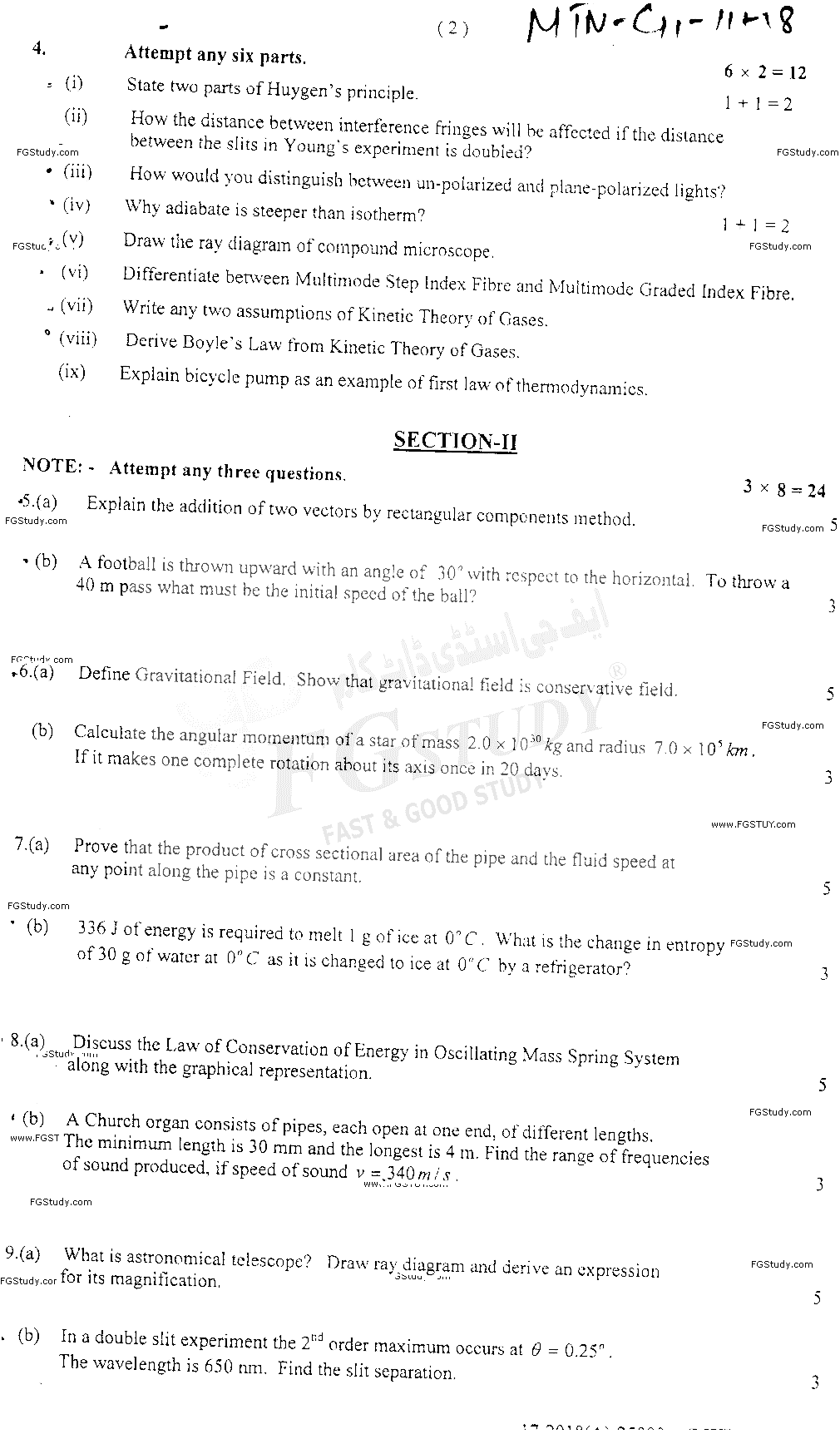 11th Class Physics Past Paper 2018 Multan Board Group 1 Subjective