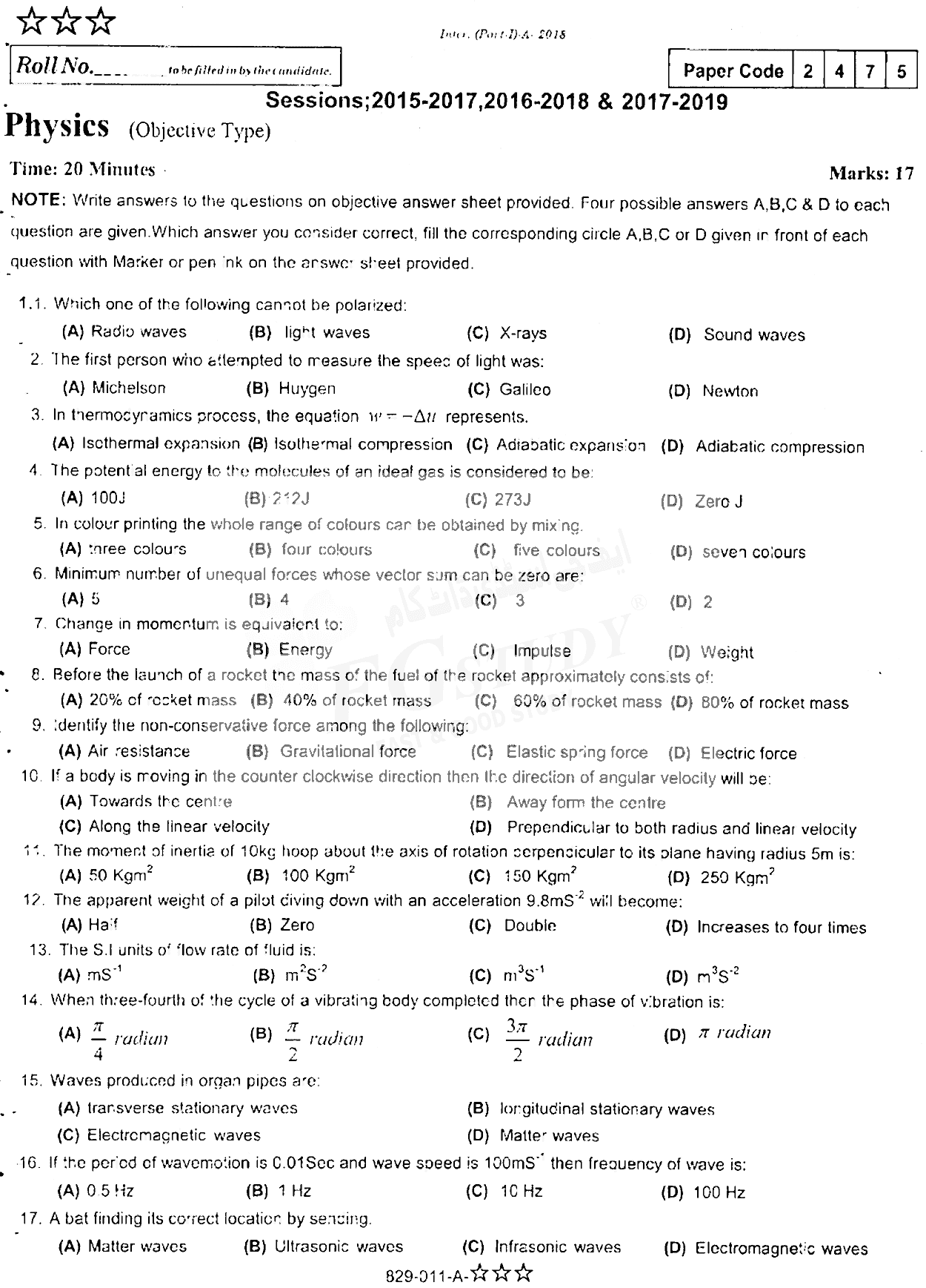 11th Class Physics Past Paper 2018 Rawalpindi Board Objective