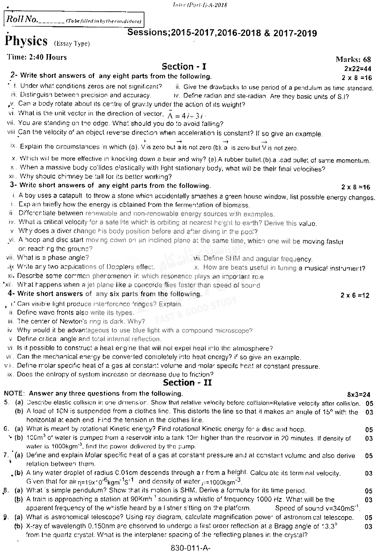 11th Class Physics Past Paper 2018 Rawalpindi Board Subjective