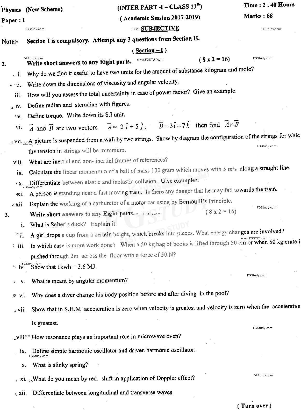11th Class Physics Past Paper 2018 Sahiwal Board Subjective